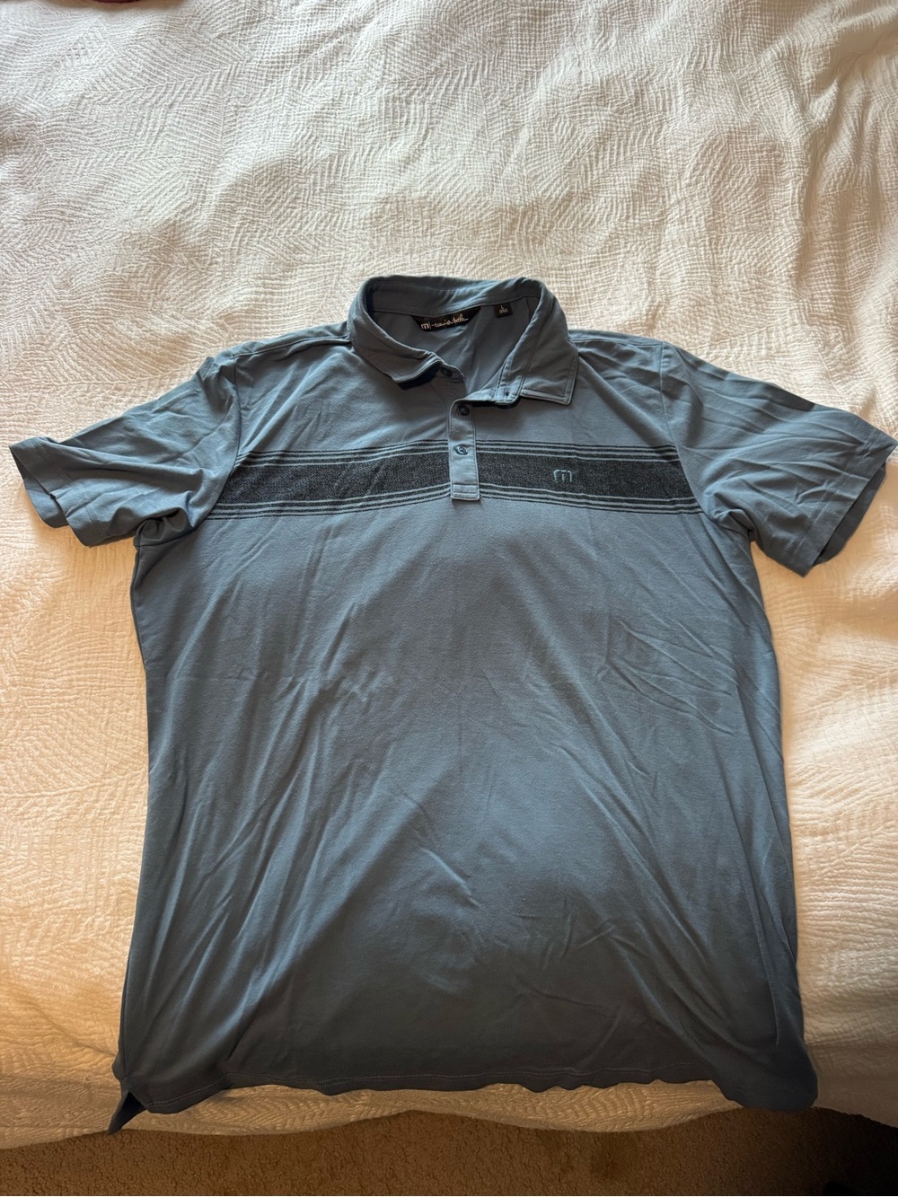 Travis Mathew Slate Blue Polo with Textured Chest Stripe